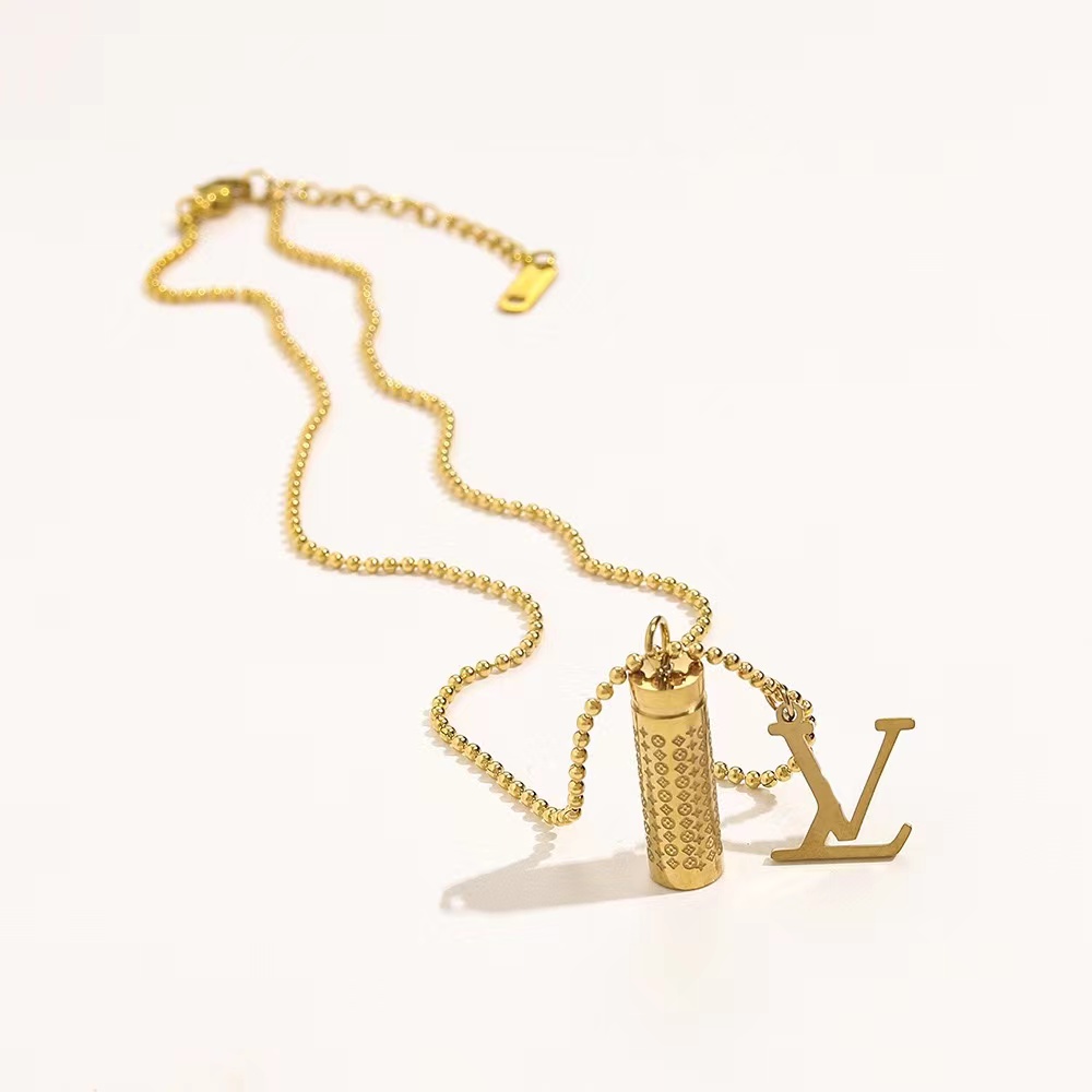 

Fashion Designer Jewelry Women Necklace Gold Bottle Pendant Necklace Stainless steel Chain with letters and four leaf flowers charm Cylinder Choker