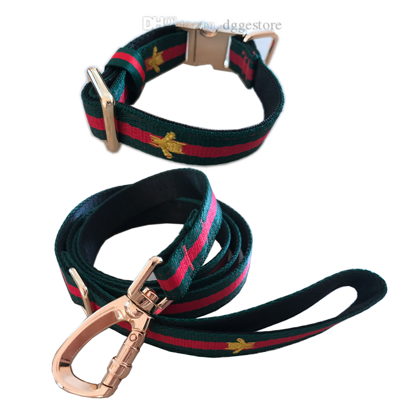 

Dog Harness Leashes Set Embroidery Bee Designer Dog Collars Leash Nylon Pet Collar Metal Buckle Can Be Engraved Fashion Pets Chain for Small Medium Dogs