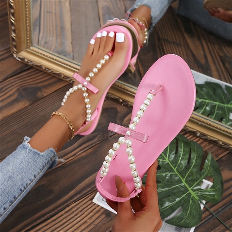 

Summer Women Sandals Flat Clip-toe Pearl String Sandals Plus Size Women Shoes 43 Trendy Beach Pink Shoes Slip-On 220406, Black