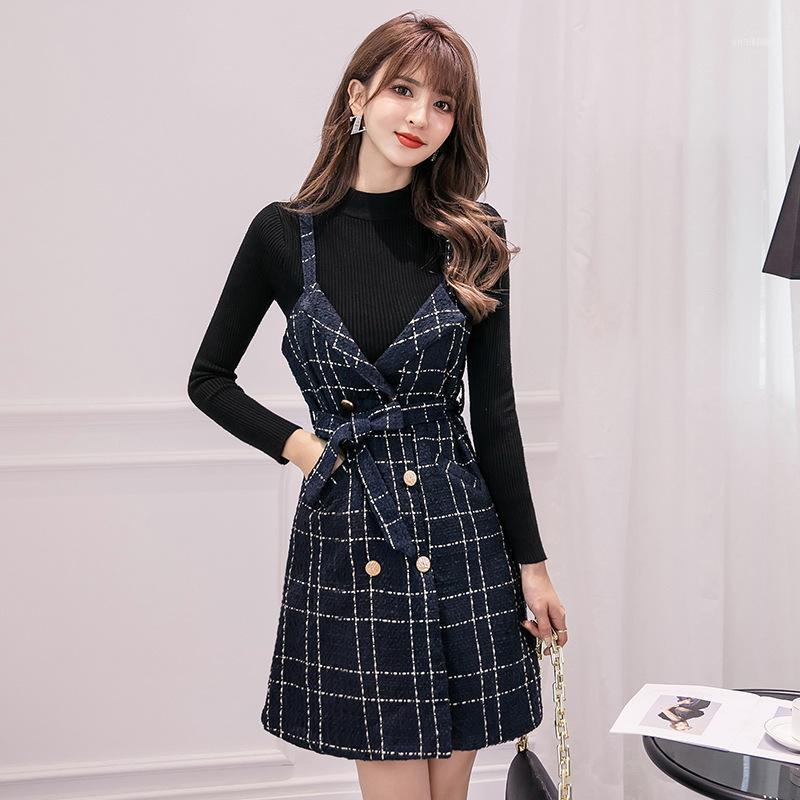 

Plaid Tank Dress Sleeveless Double Breasted Button Strap Pinched Waist Elegant Party Sundress With Black Knitted Tops Casual Dresses