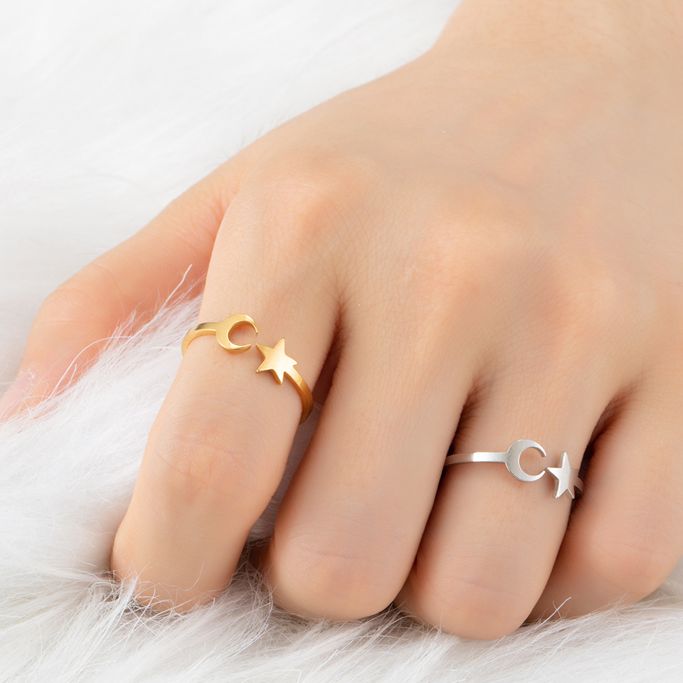 Silver Gold Ring for Women Wedding Trendy stars of the moon Stainless Steel Rings Jewelry Large Band jewelry-image-759308311