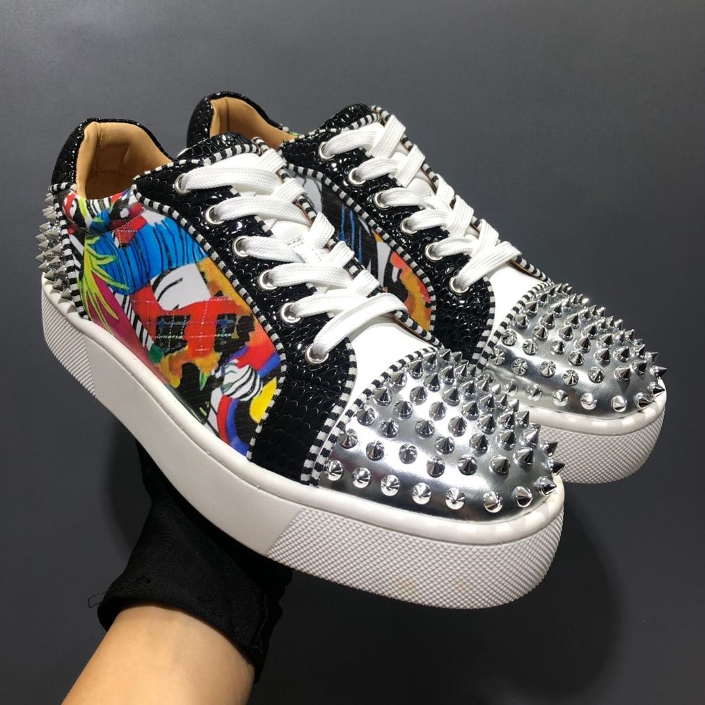 Paris Men's Casual Shoe Couple's Sneakers's Designer Luxury Red Sole Shoes Fun Orlato Woman Flat Back Back With Words Green Le cuir brevet
