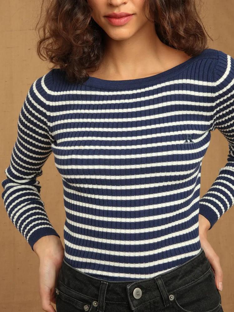 

Women's Sweaters Women Slim Stripes Knitted Sweater 2022 Spring Summer French Ladies Stretch Rib Knitwear O-Neck Long Sleeve Pullover Tops