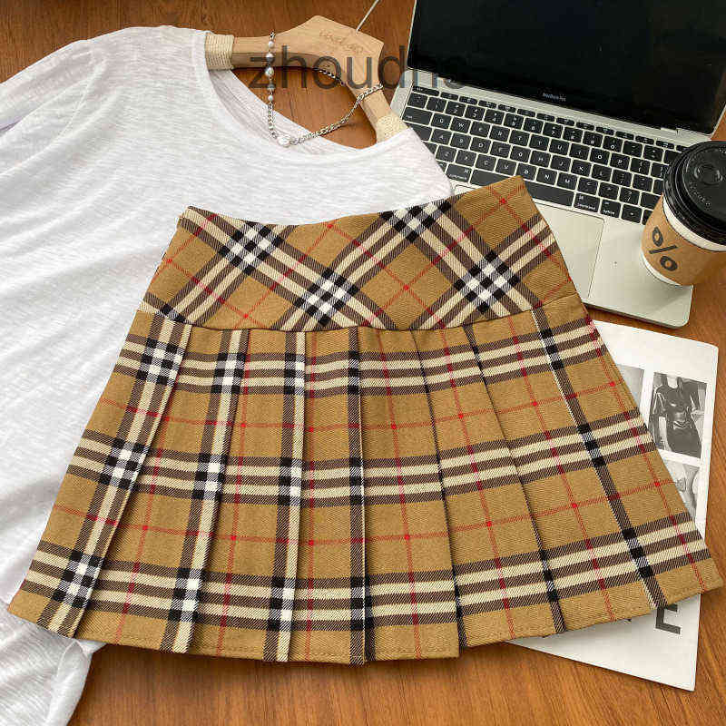 

Brand 2022 Classic B BR Shorts and Pants Contrast color classic Plaid high waist thin plaid skirt light proof short pleated A-line JK, Khaki