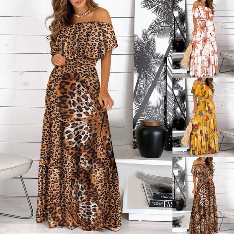 Robes décontractées 2022 mode léopard Robe imprimer longue Robe à volants Maxi Robe d'été bohème femmes été Sexy élégant sans bretelles Vestidos