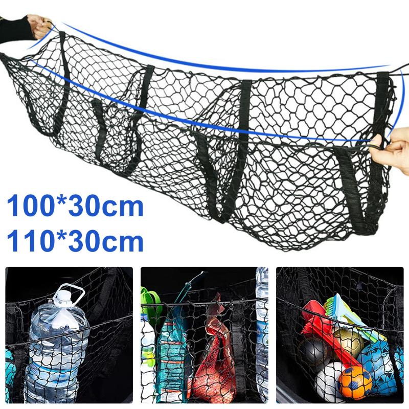 

Car Organizer Rear Cargo Net Heavy Duty Elastic Mesh Storage Large Capacity Stretchable Trunk With Mounting AccessoriesCar
