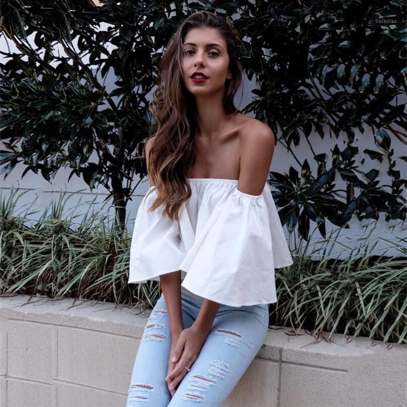 

Women' Blouses & Shirts 2022 Summer Elegant Blouse Women Off Shoulder Short Sleeve Casual Loose Tops Ladies Sexy Crop Female, Blue