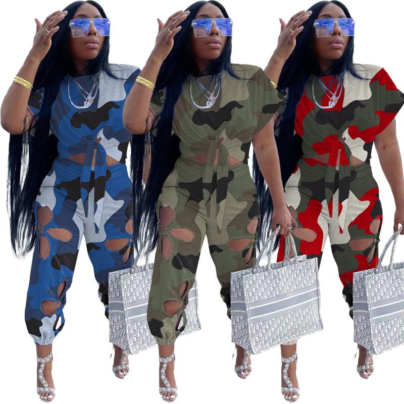 

Women' Two Piece Pants Camouflage Printed Set Women Casual Short Sleeve Lace Up Top Hollow Out Matching Sets Female Streetwear OutfitsWomen, Blue