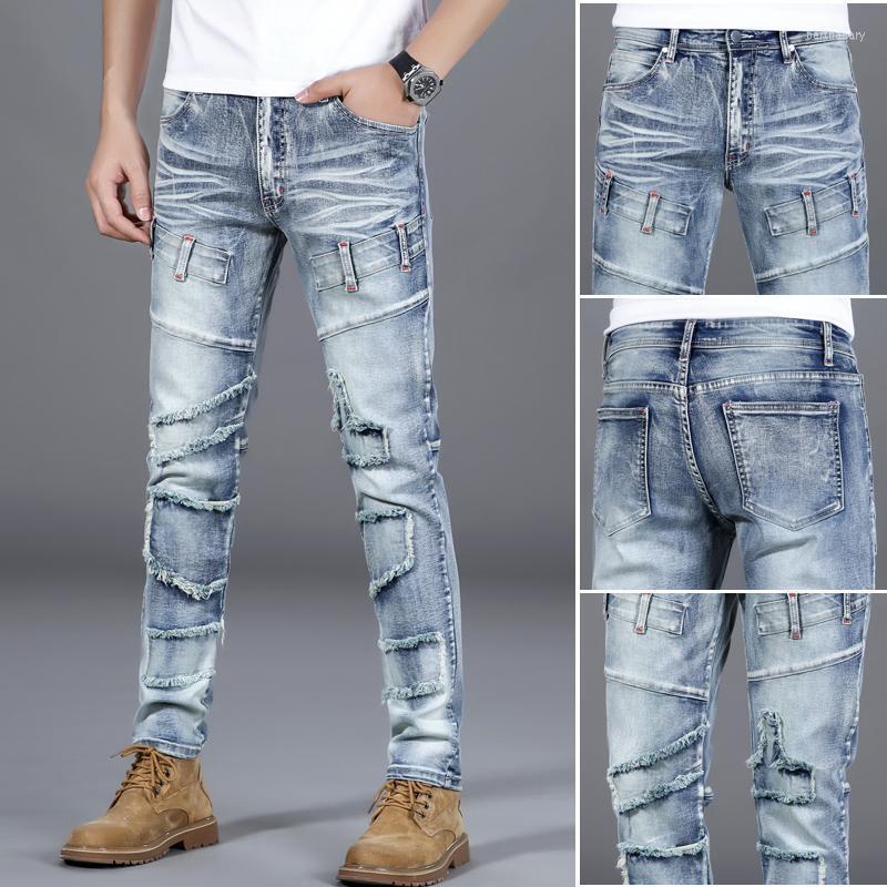 

Men's Jeans Pactchwork Slim Fit Men Streetwear Denim Pants Trend Brand Trousers For Casual Solid Biker Simple Design MotorcycleMen's Bert22, 9231
