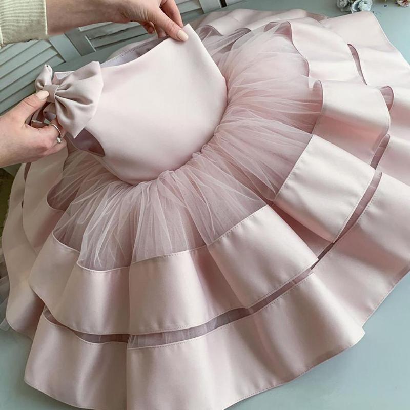 Girl's Dresses Puffy Baby Girl Layers Bow Kids Princess First Birthday Dress Bow-shoulder Kid Party Clothes Size 12M 18M 24M-image-764404541