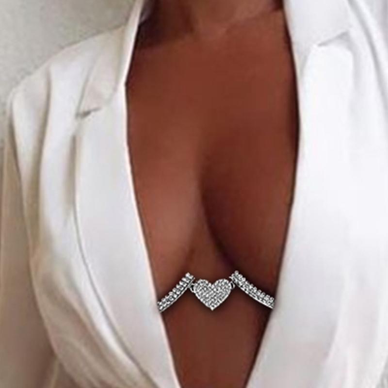 

Belts Bra Chain Jewelry For Women Sexy Chest Bracket Rhinestone BracketBody Bikini Heart Decor With StrapBelts, Silver