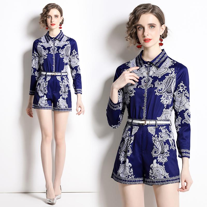 

Women' Tracksuits Women' Summer High-end Temperament Collar Long Sleeve Printed Shirt High Waist And Wide Leg Pants Two Piece SuitWome, Mixed