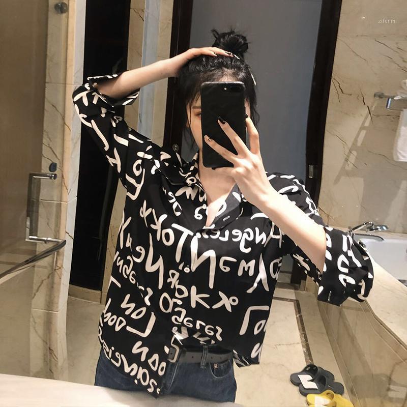 

Korean Fashion Streetwear Letter Print Long Sleeved Shirt Tops Womens Clothing Summer 2022 Harajuku Loose Blouse Blusas Women's Blouses & Sh, Black