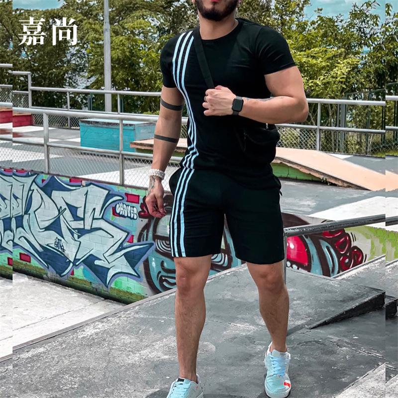 

Men' Tracksuits Men' Summer Black Striped Sports Casual Suit Short Sleeve T-Shirt Shorts Tracksuit MenMen