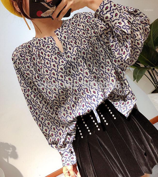 

Women's Blouses & Shirts [ElfStyle] - TOP Longsleeved Buttoned Cuffs Printed Silk V-NECK WITH TIES Bohemian Blouse Woman Fashion Designer TO, Black