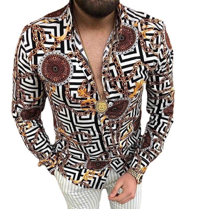 

Men's T-Shirts Polos Men Shirt Floral Print Buttons Summer Long Sleeve Lapel Top For Party Fashion Slim Button Man Male Casual Cotton Shirt, Style 2