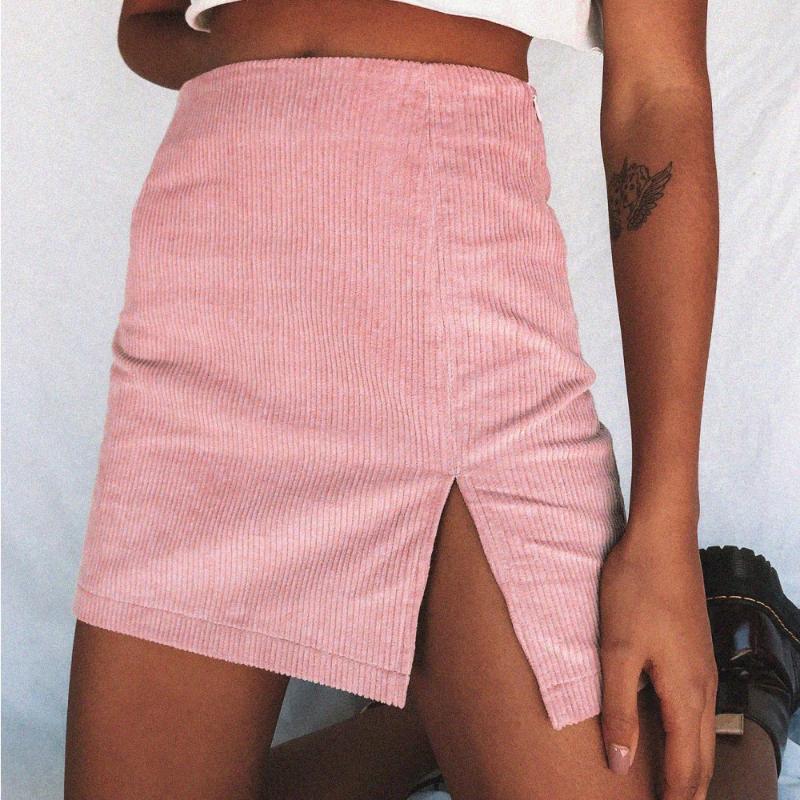 

Skirts QLUKEOYY -2XL Summer Women Short 2022 High Waist Corduroy Solid Split A-line Mini Skirt, Black