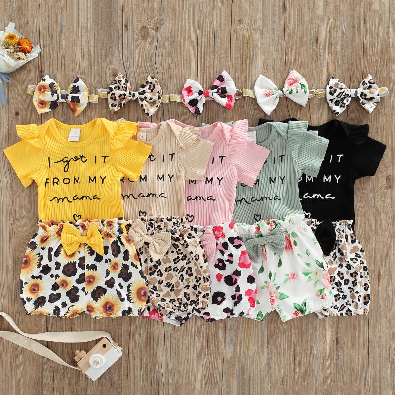 

Clothing Sets Infant Baby Girls Summer 3Pcs Outfit Short Sleeve Letter Print Romper Leopard/Sunflower Shorts HeadbandClothing, Khaki