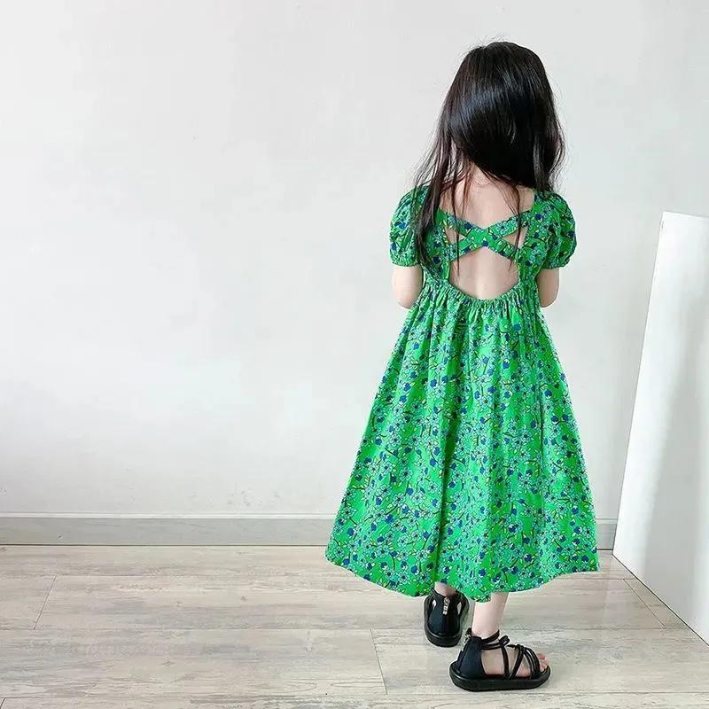 

Girl's Dresses 100% Cotton Casual Fashion Summer 3-11 Yrs Girl Green Floral Halter Dress Baby Short Sleeve Mid-carf Princess DressesGirl's