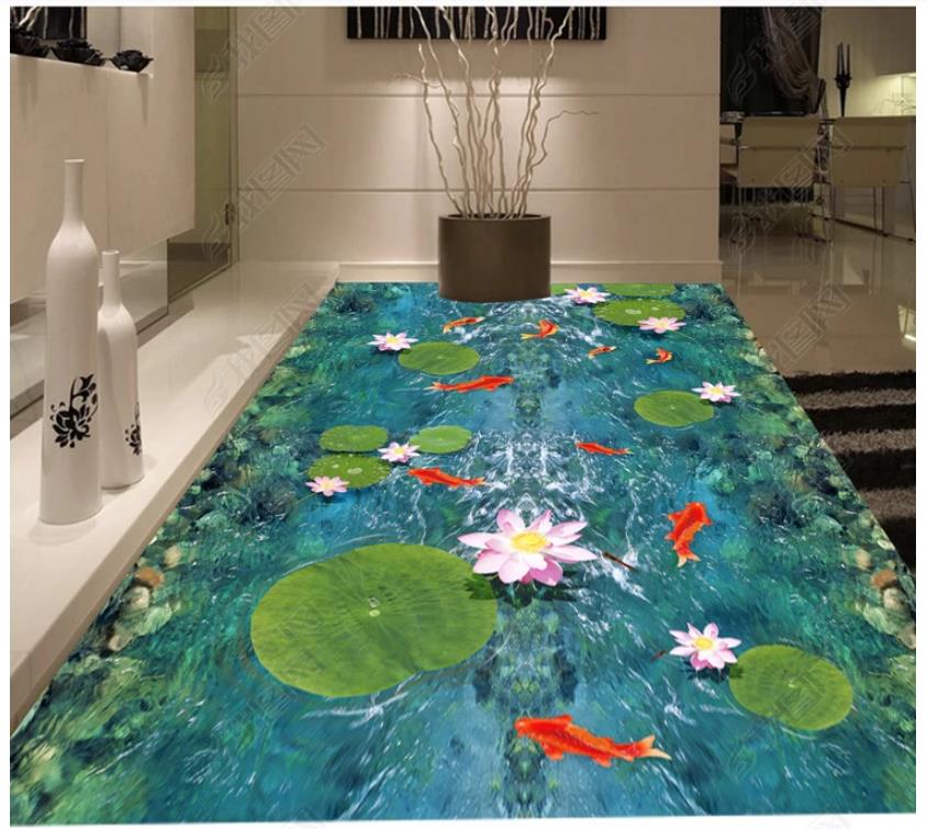 

Custom any size PVC Self-adhesive mural 3D wallpaper modern Clear water surface lotus carp 3D three-dimensional floor tile, Customized