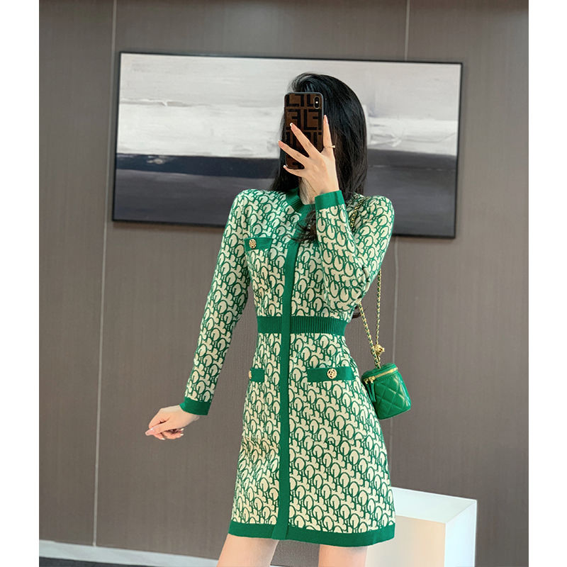 

Dresses for women 2022 New spring fashion party dress women' o-neck long sleeve green print pattern high waist a-line button knitted dress