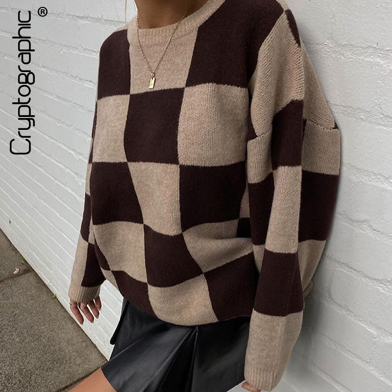 

Autumn Winter Knitted Checkered Loose Sweaters Women Fashion Long Sleeve Top Pullover Streetwear Sweater Oversized, Green