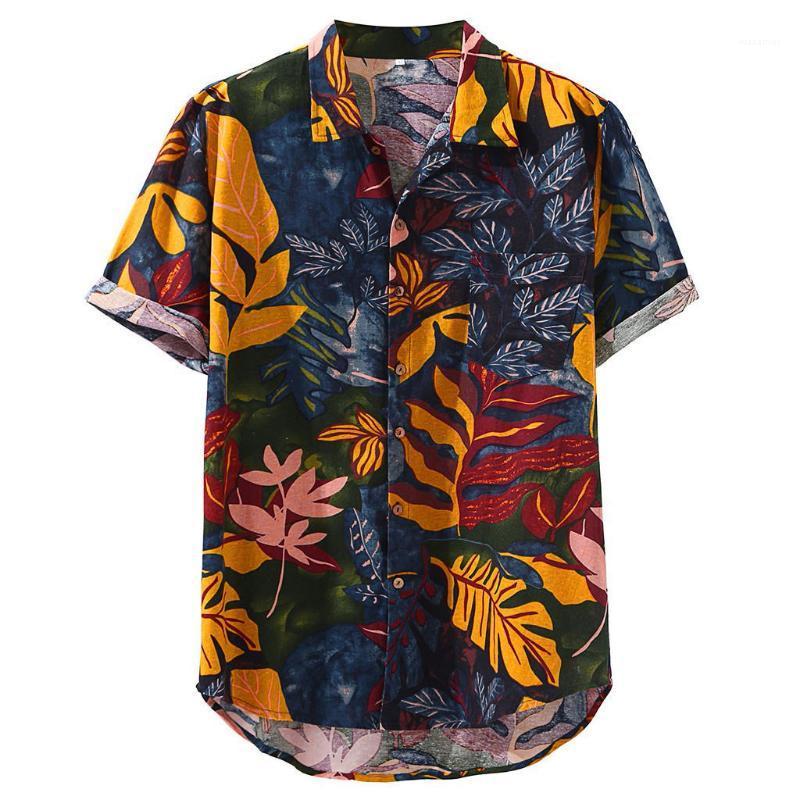 

Men's Casual Shirts Men Hawaiian Shirt Pocket Short Sleeve Round Hem Loose Streetwear Floral Print Linen Holiday Beach Blouse Tops Camisas