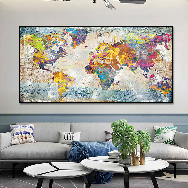 

Abstract Retro World Map Canvas Painting Golden Posters and Prints Abstract Wall Art Picture for Living Room Home Decor No Frame