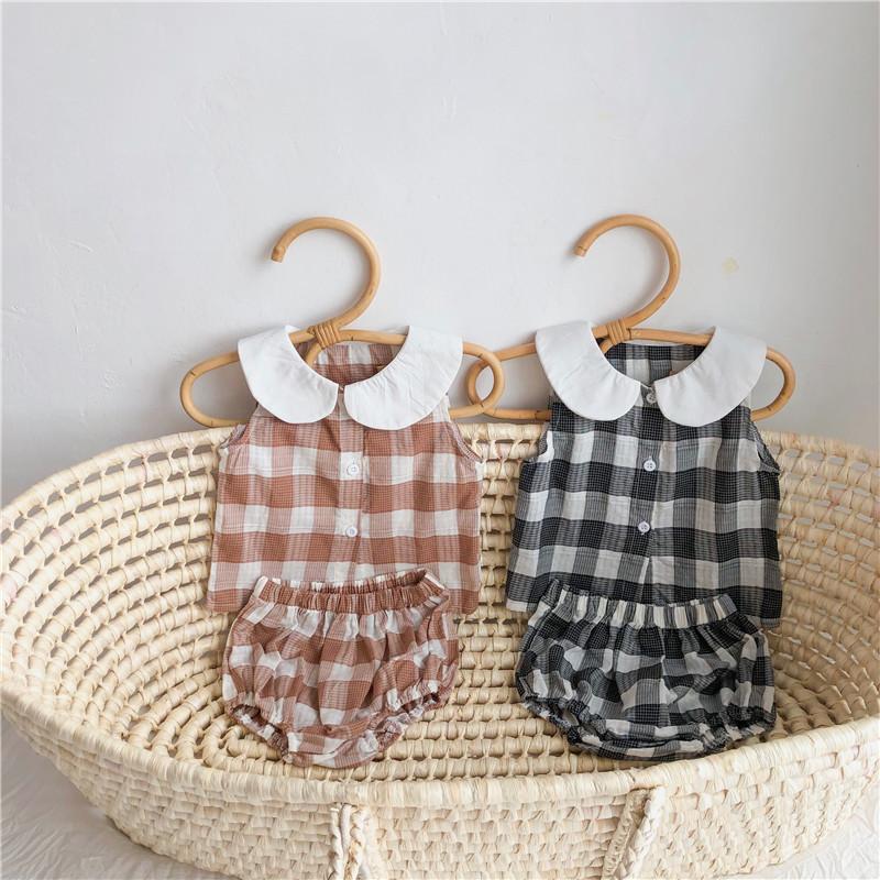 

Clothing Sets Baby Girls T-shirt Set Princess Summer Born Plaid For Toddler Vest +Shorts 2pcs Cotton 0-2Y, Beige