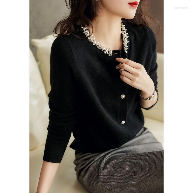 

Women's Knits & Tees 2022 Spring Temperament Light Luxury Beaded Knitted Cardigan Simple Solid Color Sweater For Women Perf22, Black