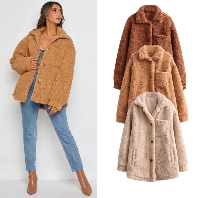 

Women' Jackets Women' Loose And Thin Lapel Single-breasted Top Street Personality Plush Solid Color Long-sleeved Jacket Autumn WinterW, Beige