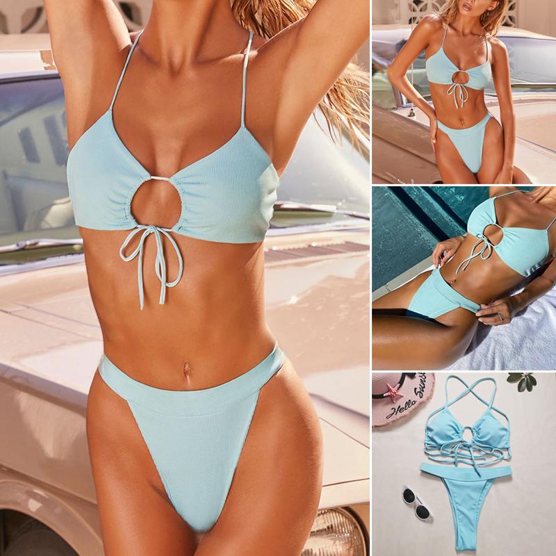 

Women' Swimwear Fashion Women' Swimsuit Sexy Hollow Bikini Two Piece Bathing Suit For BeachWomen, Sky blue
