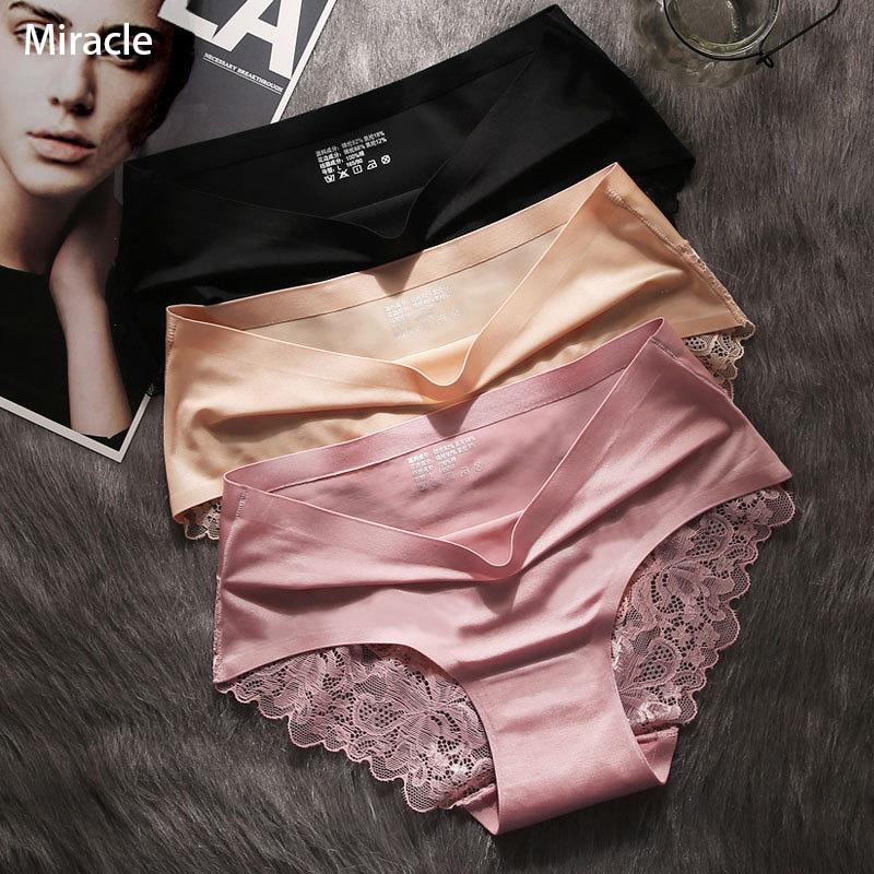 

3pcs Lot Womens Panties Sets Lace Seamless Underwear Female Silk Briefs Underpants Lady Panty Culotte Femme Woman Lingerie Xxl, Black pink purple