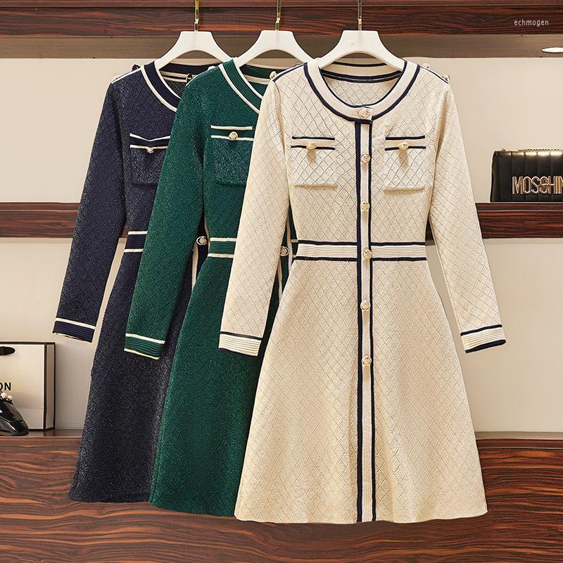 

Plus Size Dresses Autumn Female Vintage O-Neck Knitting Dress For Women Splicing Single-Breasted Long Sleeve High Waist Pullover Echm22, Picture color