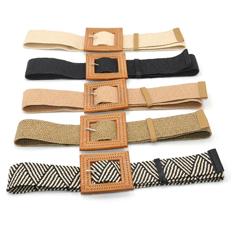 

Belts Elastic Woven Straw Waist Square Buckle Adjustable Waistband Boho, Black