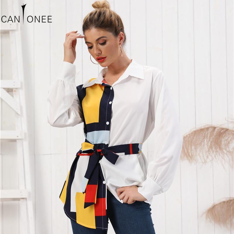 

Women' Blouses & Shirts CANTONEE Autumn Geometric Retro Patch Contrast Color Long Chiffon Loose Slim Sleeve Tops Women T79, Beige