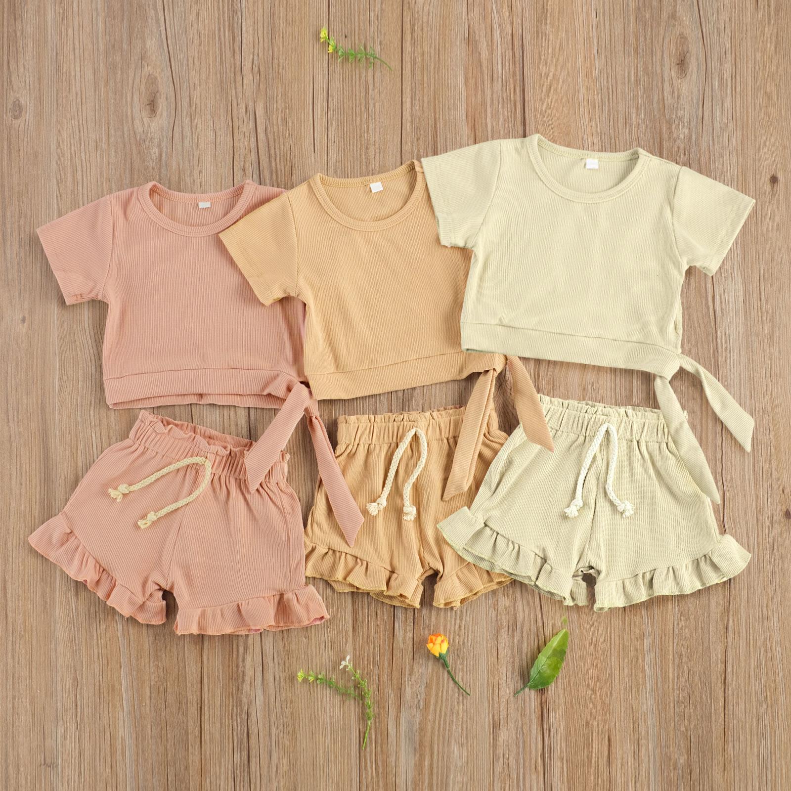 

Summer Newborn Baby Set Girls 2-piece Outfit Suit Ribbed Short Sleeve Lace-up Tops Shorts Clothes For Toddler Infant, Pink