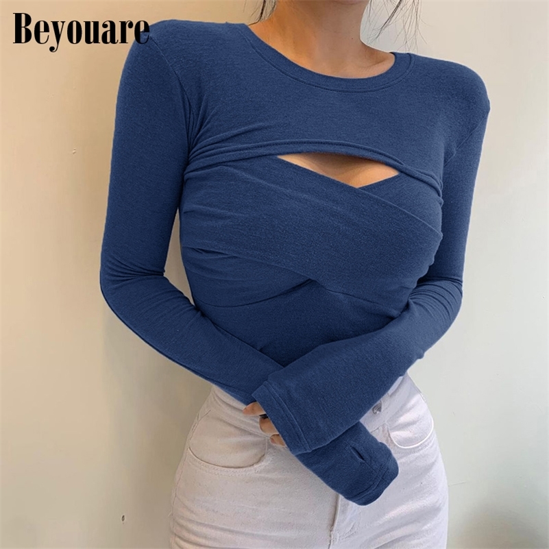 

Beyouare Elegant Women T Shirt Round Neck Hollow Out Long Sleeve Slim Top Autumn Casual Solid Skinny Twist Together Tee 220321, Blue