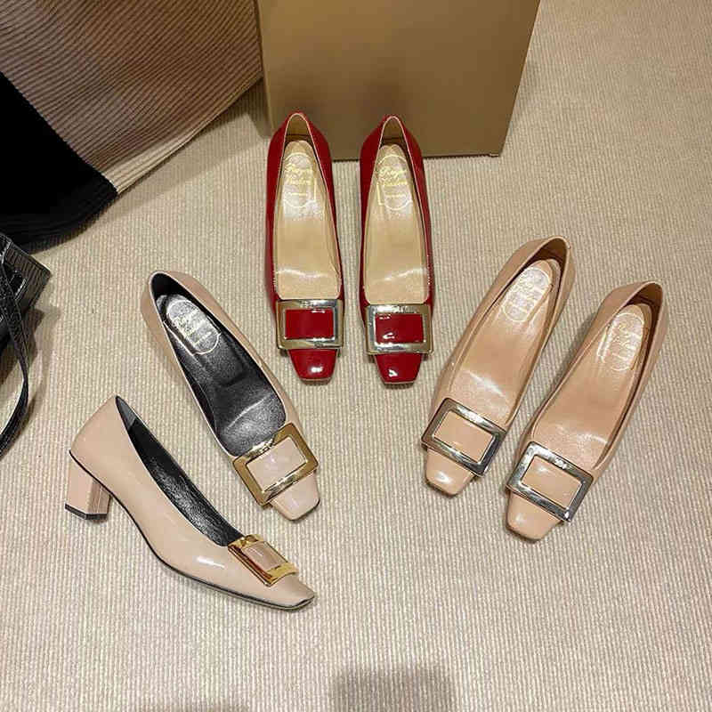 Chaussures habillées rv brevet cuir carré boucle single chaussures professionnelles travail hauts talons épais talon mariage pavillon polyvalent