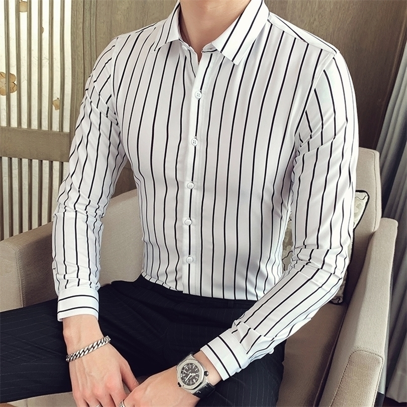 

Fashion New Men Long Sleeve Shirts Male Striped Classicfit Comfort Soft Cotton Casual ButtonDown Shirt 201124, White