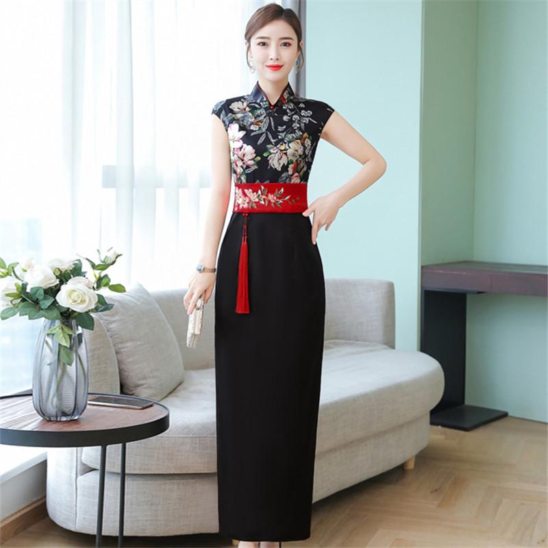 

Casual Dresses Summer Chinese Dress For Women Cheongsam High Split Bodycon Sleeveless Waist Thin Printing Party Long Female VestidosCasual, Black