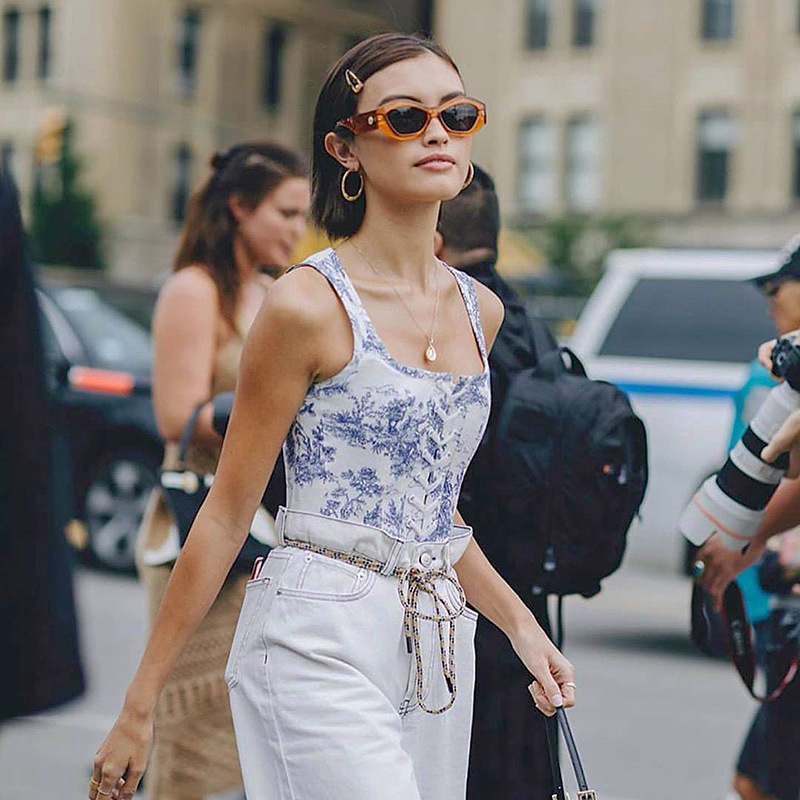 

22fw Summer Printed Waist Sleeveless Suspender High Quality Camis Women European American Wear Floral Sexy Shirt, Blue