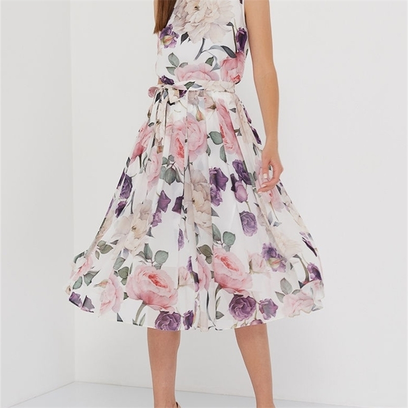 

S FLAVOR Women Summer O Neck Sleeveless Dress Floral Print Vintage Midi Vestidos De Bohemian Style A line Sundress Female 220614, Coffee print