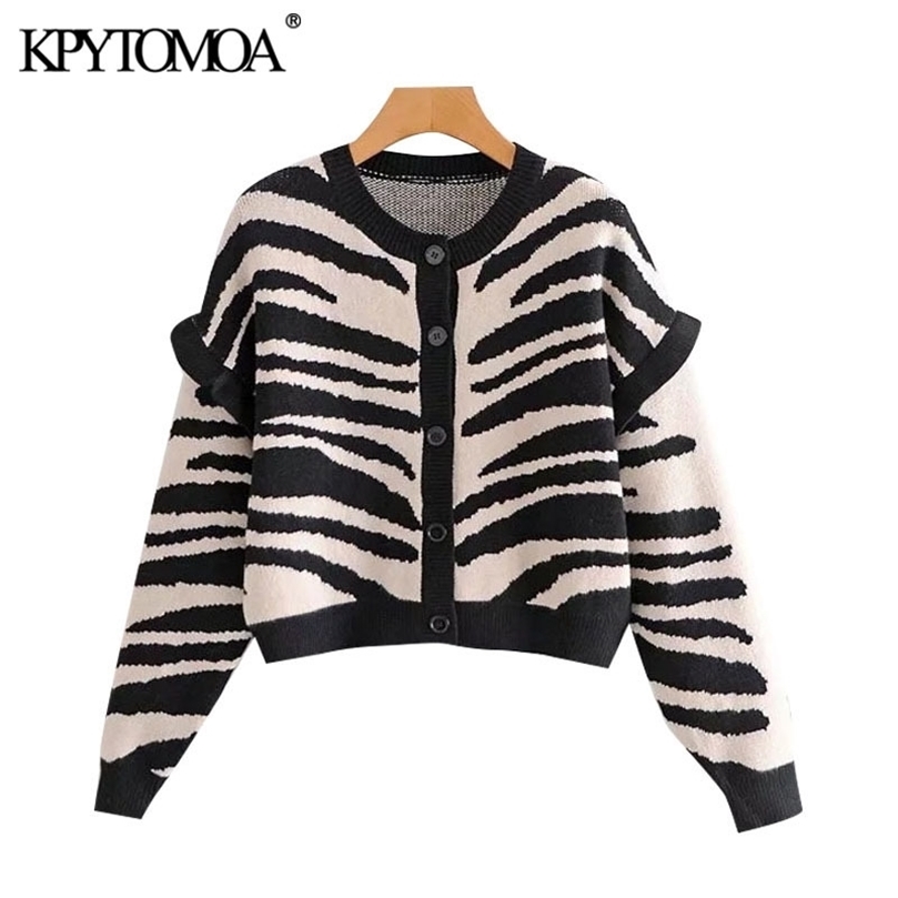 

KPYTOMOA Women Fashion Zebra Print Ruffled Cropped Knitted Cardigan Sweater Vintage Long Sleeve Female Outerwear Chic Tops 201203, As picture