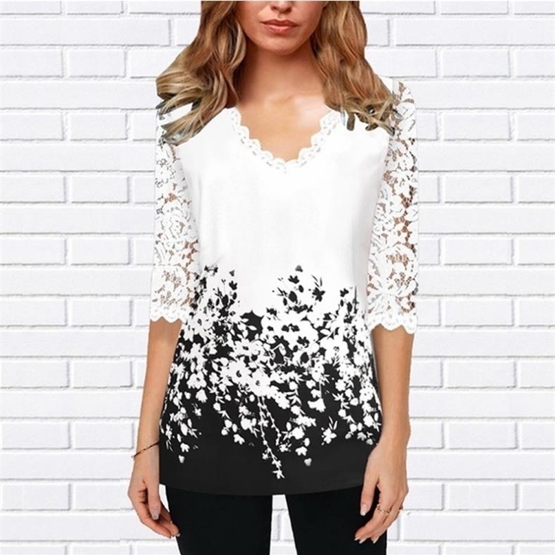 

Plus Size 4xl 5XL Shirt Blouse Female Spring Tops V-neck Half Sleeve Lace Splice Print Boho Women shirt 220402, Style6