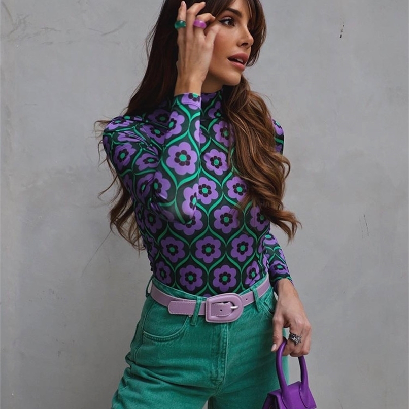 

FSDA Long Sleeve Crop Top Women Floral Print Vintage Autumn Summer Casual 90s T Shirts Sexy Fashion Y2K Turtleneck 220728, Green