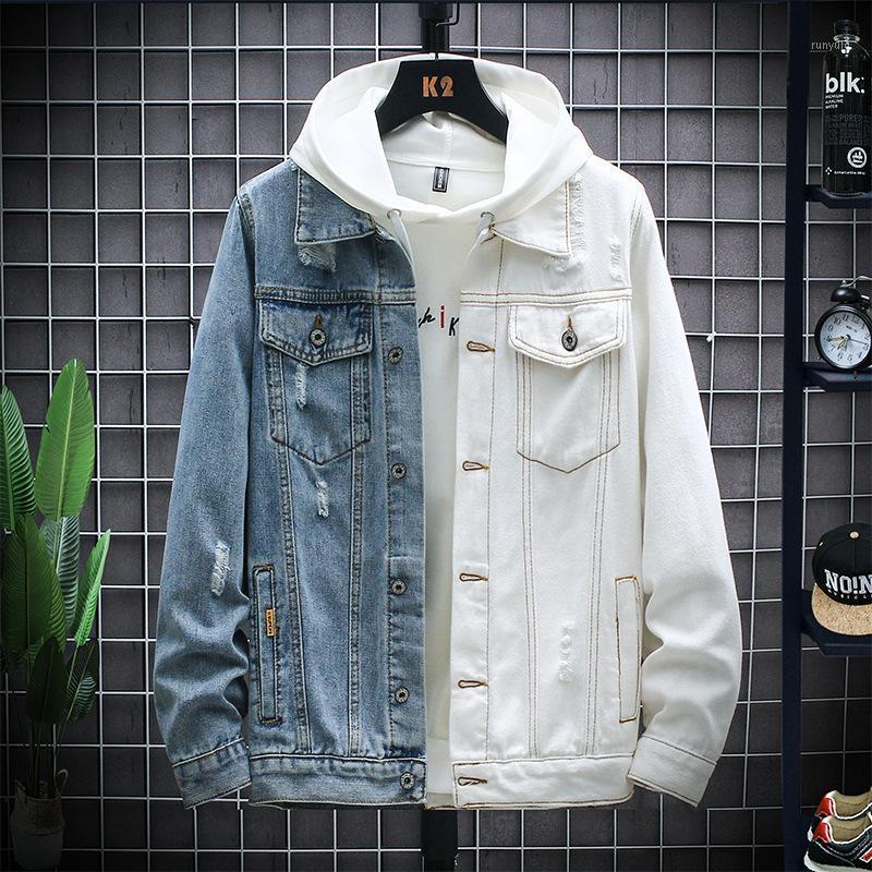 

Men's Jackets Blue White Patchwork Denim Jacket Men Hip Hop Streetwear Coat Design Brand Outwear Cotton Autumn For Man