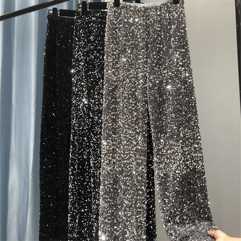 

The Women' Fashion Trendy Sparkling Gold Pants Relaxation of Tall Waist Widelegged Pants Women' South Korean Style 220812, Black silver strip