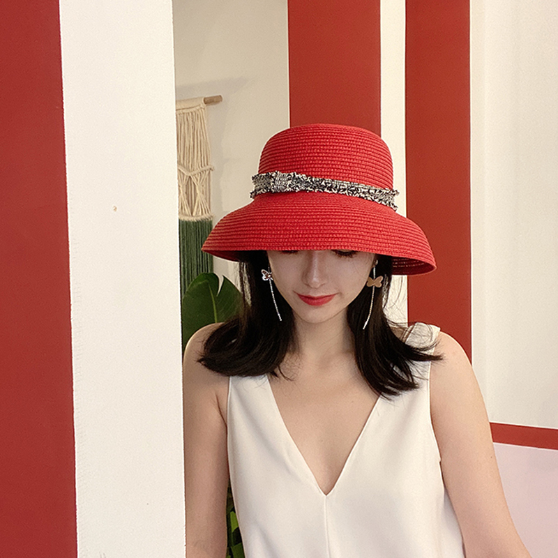 

Designer Handmade Women Summer Sun Hat Red Hepburn Style Small-Edge Fisherman RibbonTemperament Flat Straw UV Cut Foldable Cap