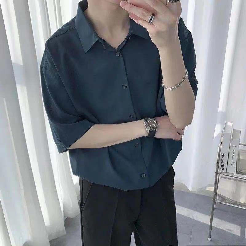 

Men's Casual Shirts Korean Style Men's Short Sleeve Shirst Dark Green Trend Half Design Nice High Quality Camisa MasculinaMen's, Black